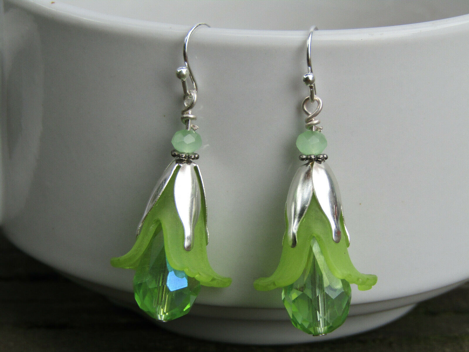 Flower Earrings Green Tulip Cala Lily Silver Dangle Earrings Sparkling Crystal - Bad Apple Designs Jewelry