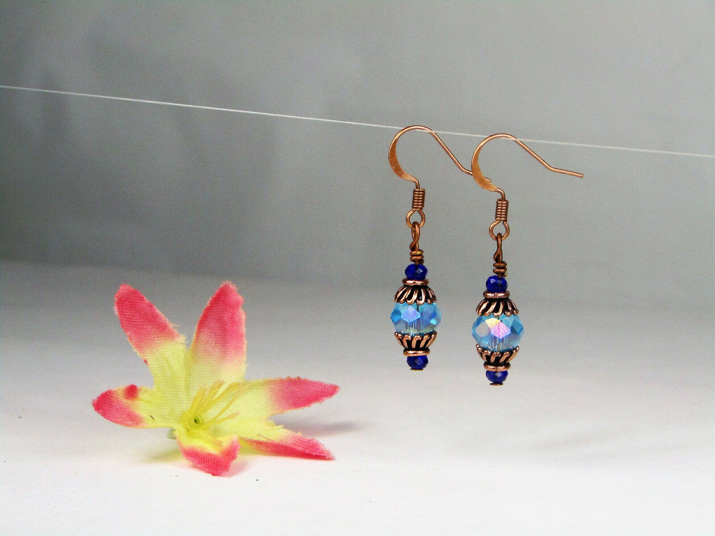 Faceted Light Blue Crystal Antique Copper Dangle Earrings, Artisan Made OOAK - Bad Apple Designs Jewelry