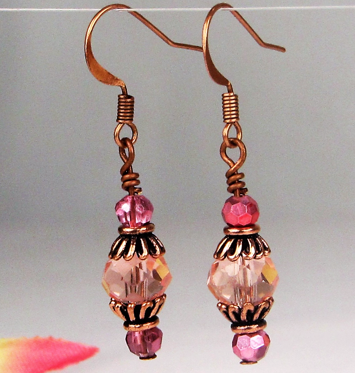 Faceted Pink Crystal Antique Copper Capped Dangle Earrings, Artisan Made OOAK - Bad Apple Designs Jewelry