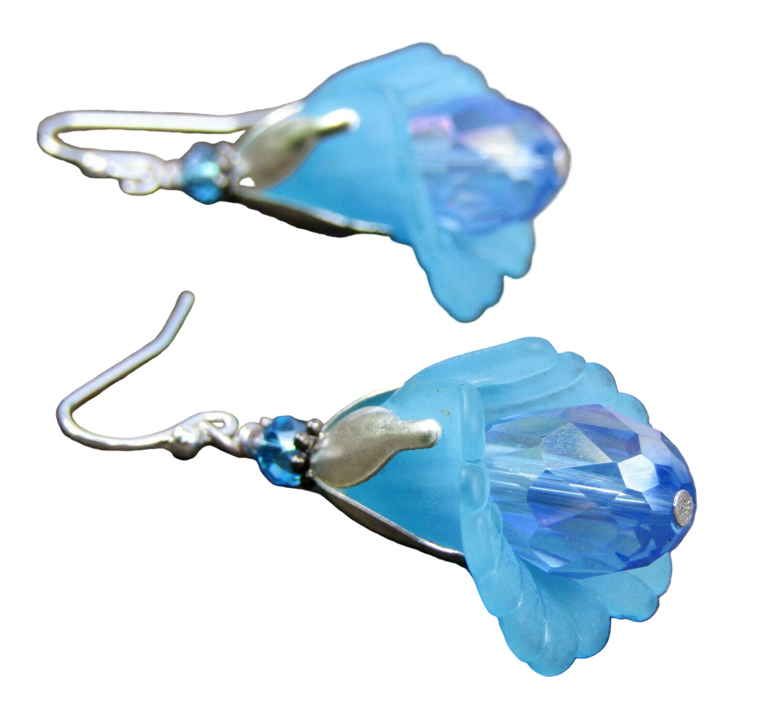 Flower Earrings Blue Tulip Cala Lily Silver Dangle Earrings Sparkling Crystal - Bad Apple Designs Jewelry