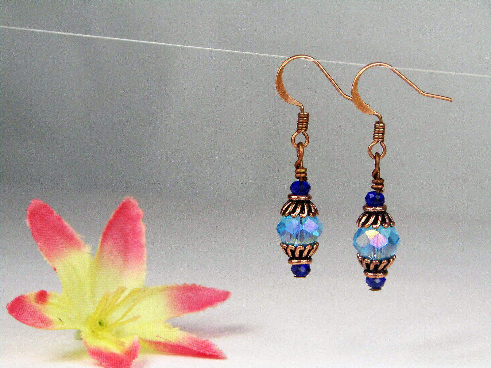 Faceted Light Blue Crystal Antique Copper Dangle Earrings, Artisan Made OOAK - Bad Apple Designs Jewelry