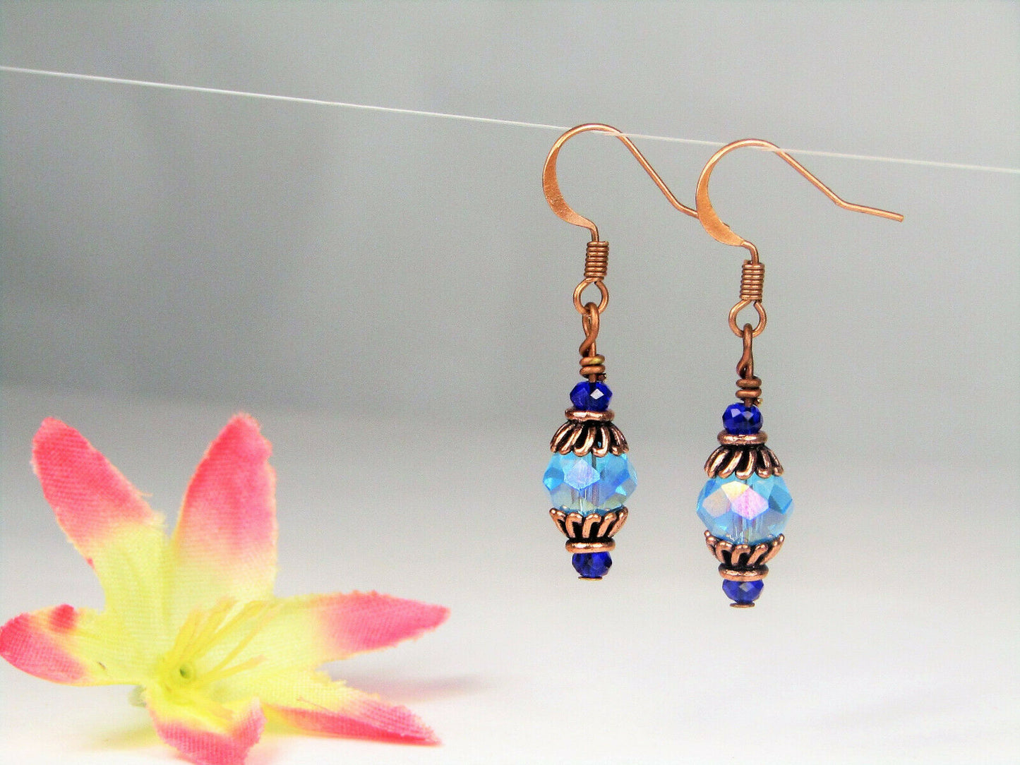 Faceted Light Blue Crystal Antique Copper Dangle Earrings, Artisan Made OOAK - Bad Apple Designs Jewelry