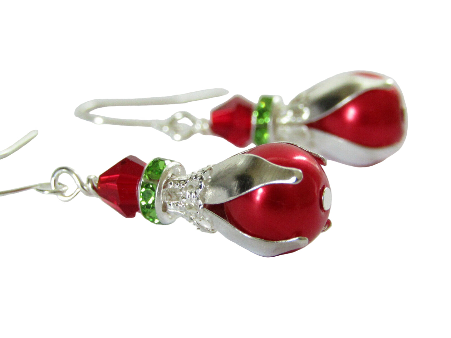 Red Glass Pearl Green Crystal Christmas Holiday Earrings Silver - Bad Apple Designs Jewelry