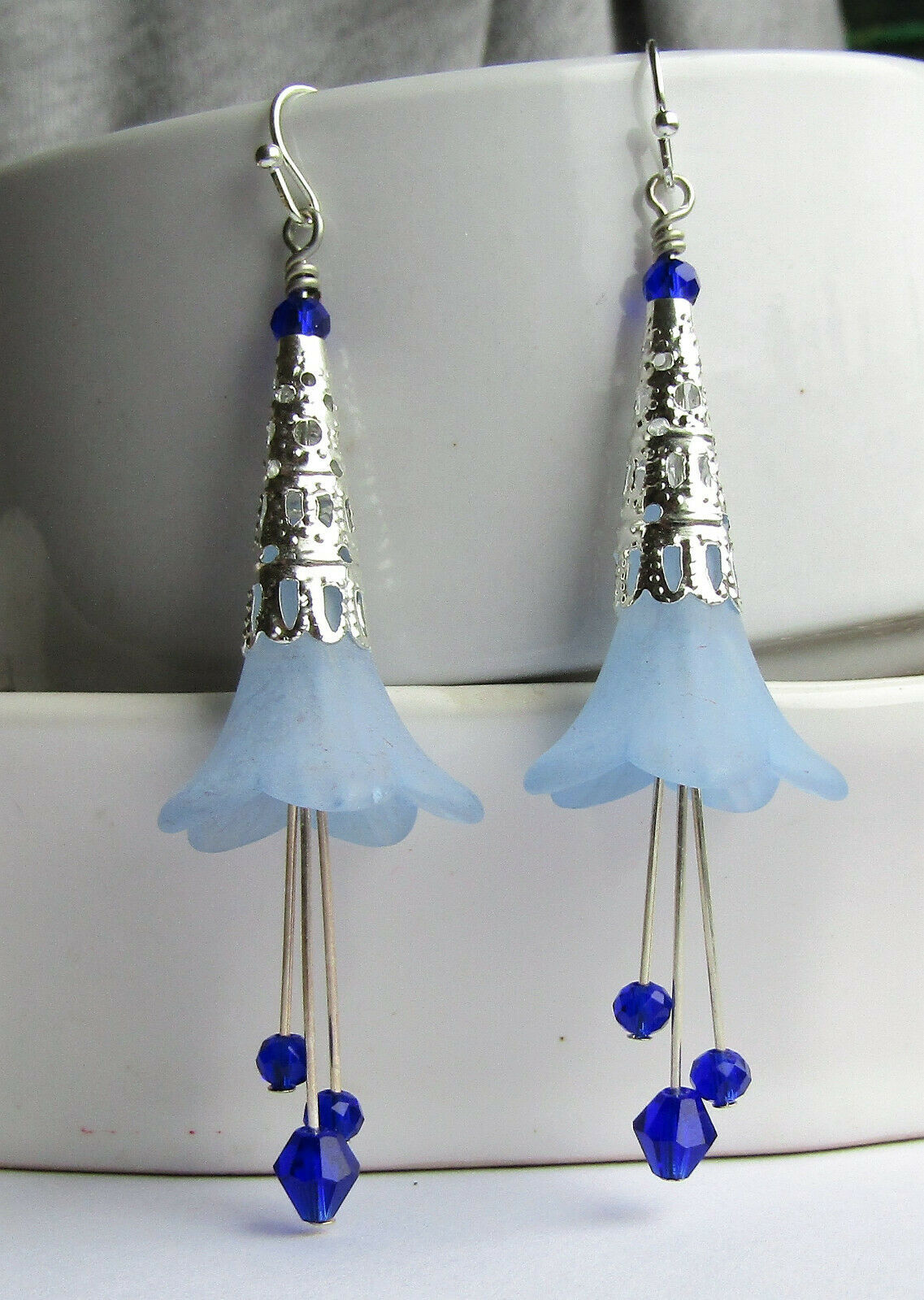 Flower Earrings Dark Blue Dangle Lucite Trumpet Lily Silver Plated Usa Handmade - Bad Apple Designs Jewelry