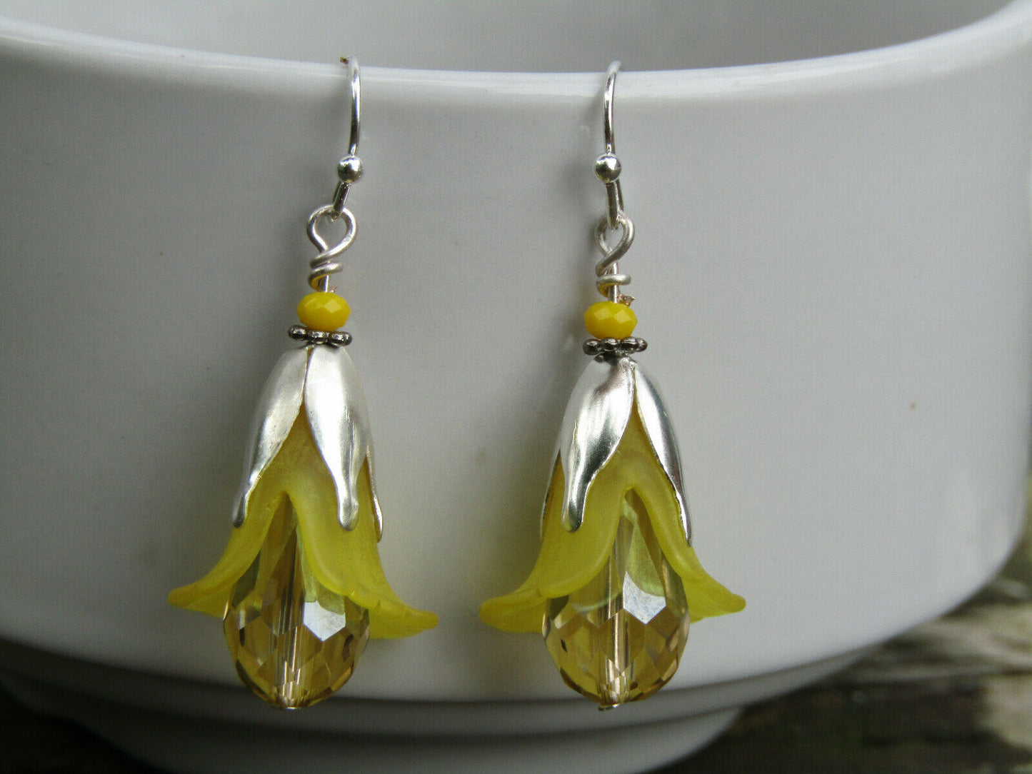 Flower Earrings Yellow Tulip Cala Lily Silver Dangle Earrings Sparkling Crystal - Bad Apple Designs Jewelry