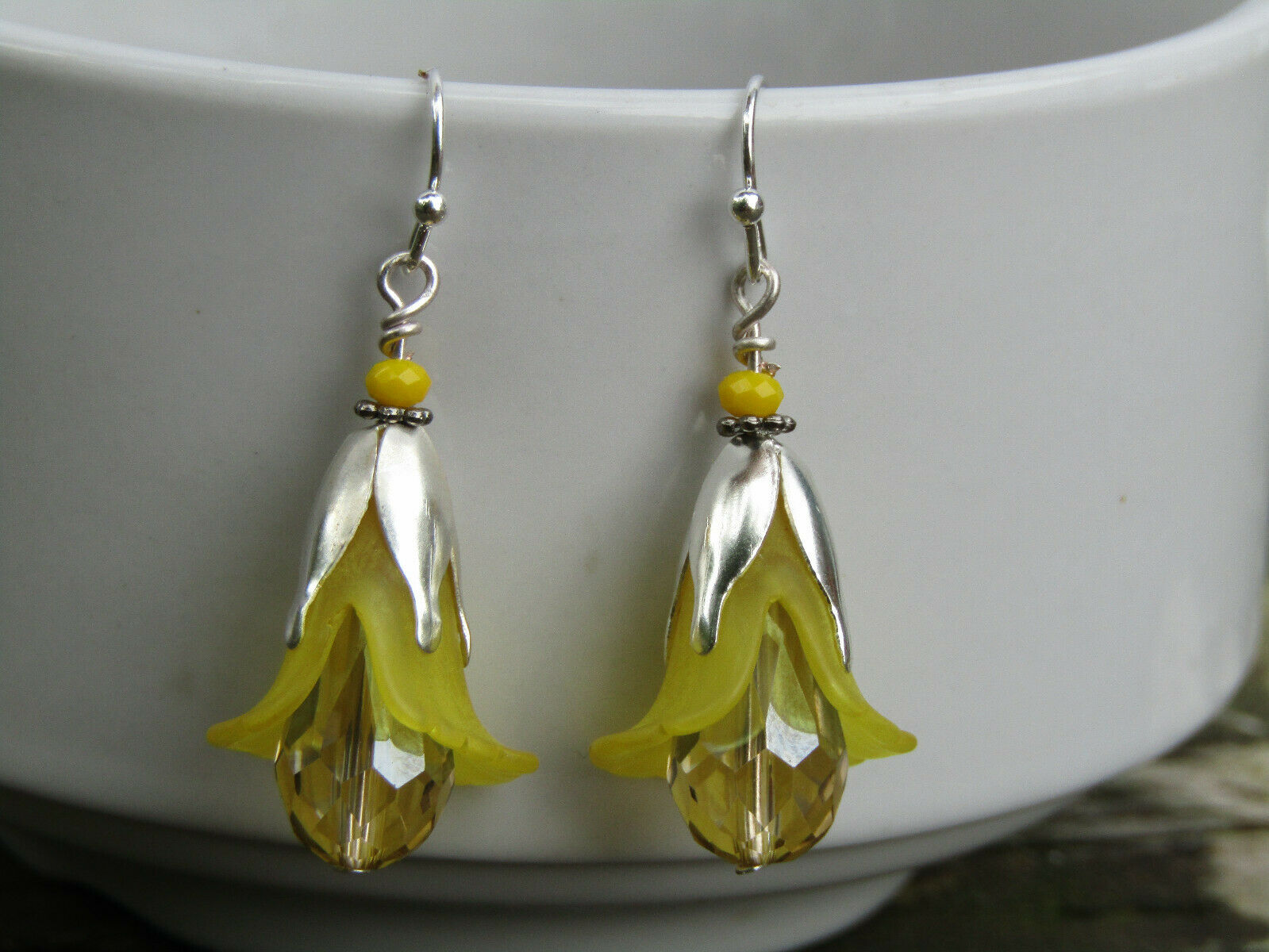 Flower Earrings Yellow Tulip Cala Lily Silver Dangle Earrings Sparkling Crystal - Bad Apple Designs Jewelry