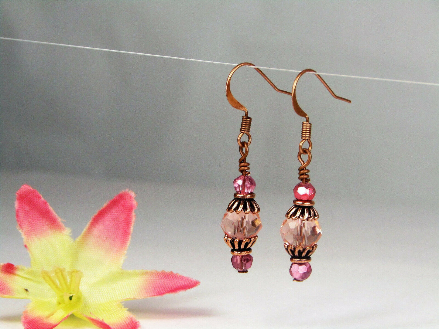 Faceted Pink Crystal Antique Copper Capped Dangle Earrings, Artisan Made OOAK - Bad Apple Designs Jewelry