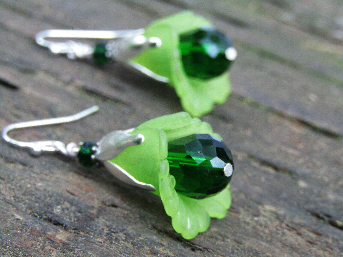Flower Earrings Green Tulip Cala Lily Silver Dangle Earrings Sparkling Crystal - Bad Apple Designs Jewelry