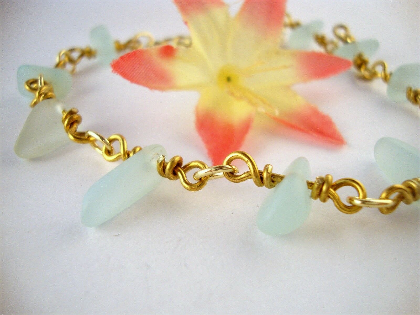 Aqua Blue Sea Glass Chain Link Bracelet
