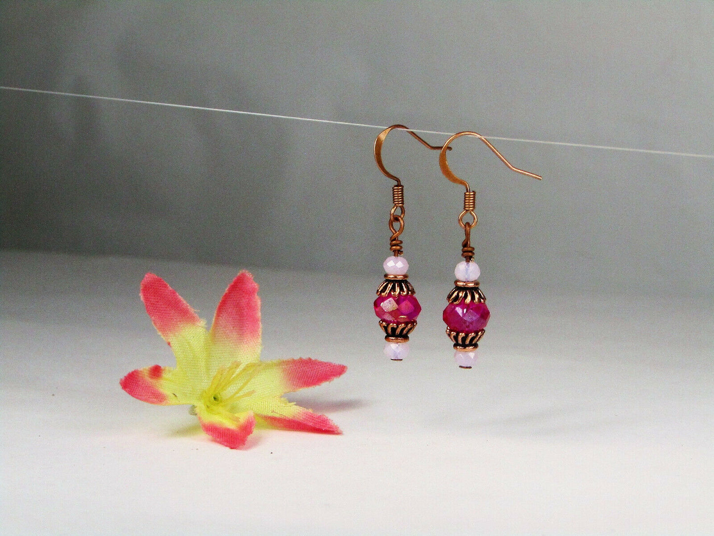 Faceted Hot Pink Crystal Antique Copper Capped Dangle Earrings Usa Handmade - Bad Apple Designs Jewelry