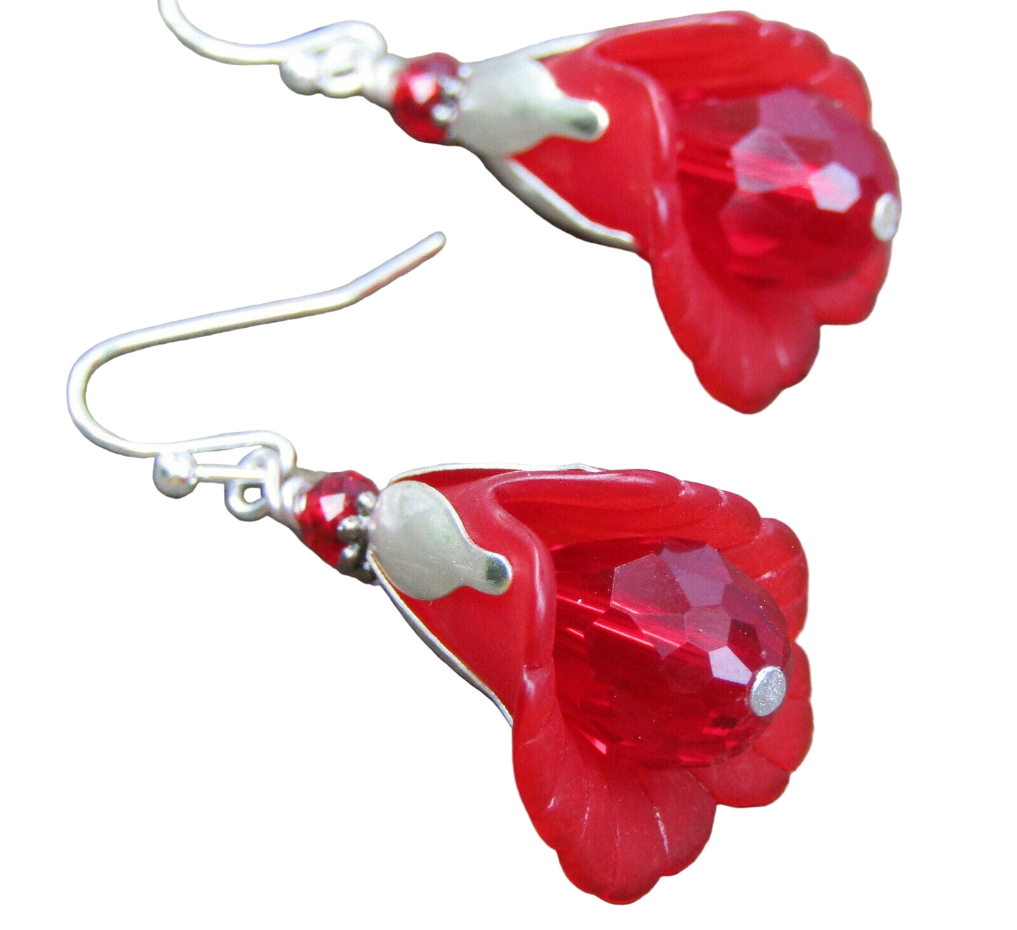 Flower Earrings Red Tulip Cala Lily Silver Dangle Earrings Sparkling Crystal - Bad Apple Designs Jewelry
