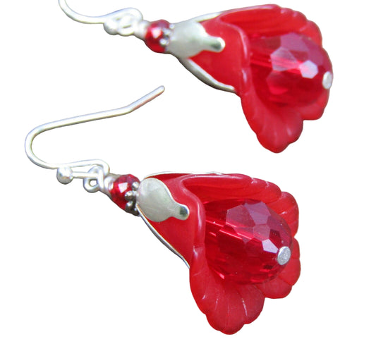 Flower Earrings Red Tulip Cala Lily Silver Dangle Earrings Sparkling Crystal - Bad Apple Designs Jewelry