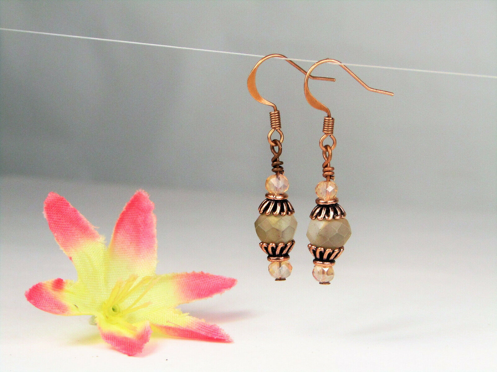 Faceted Champagne Crystal Antique Copper Capped Dangle Earrings USA HANDMADE - Bad Apple Designs Jewelry