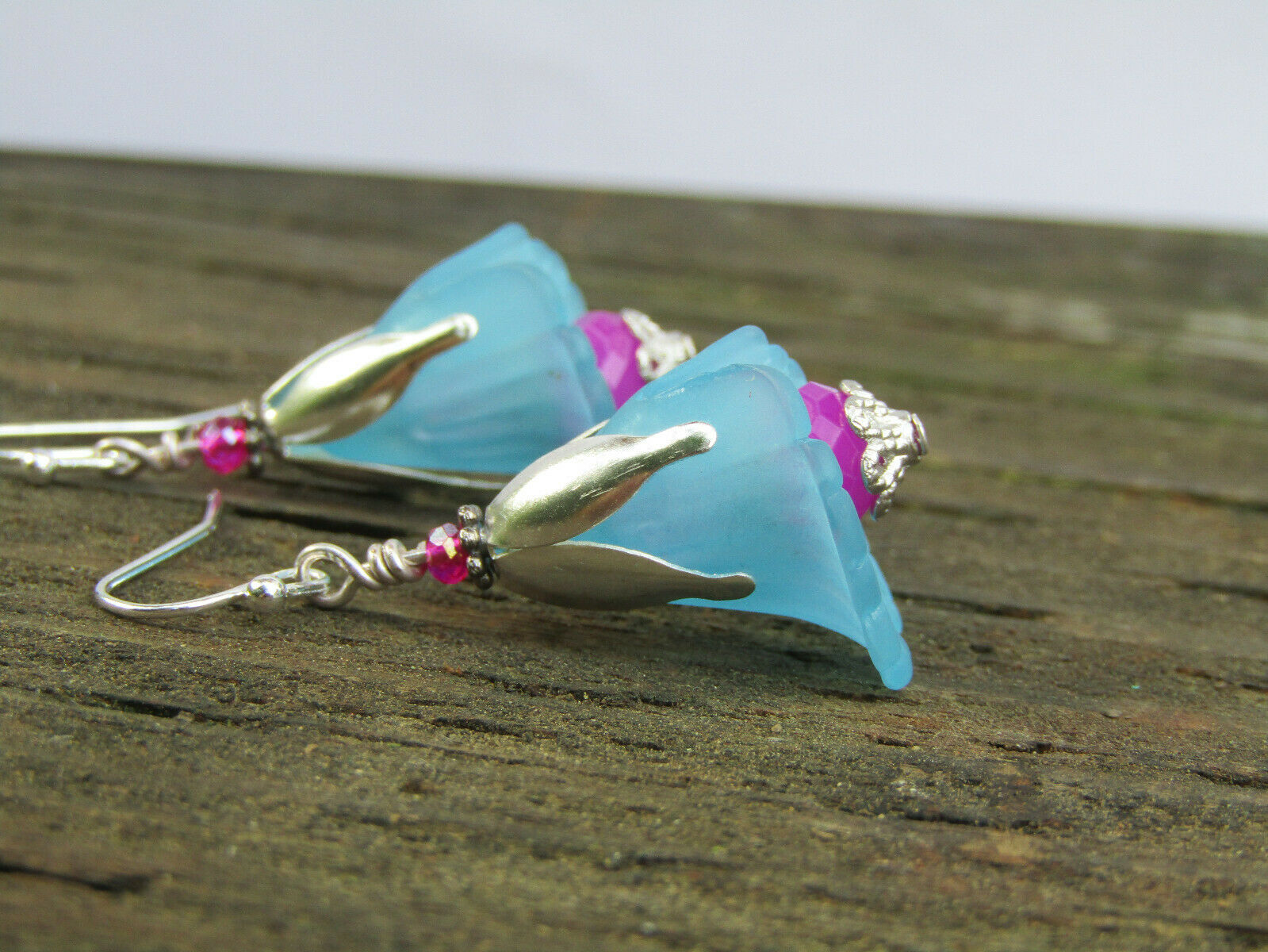 Flower Earrings Blue Purple Dangle Lucite Trumpet Lily Silver Plated - Bad Apple Designs Jewelry