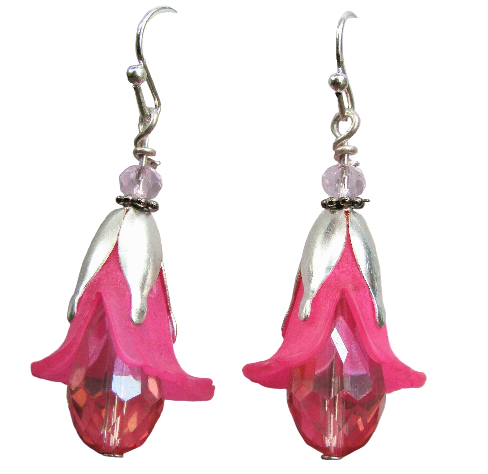Flower Earrings Pink Tulip Cala Lily Silver Dangle Earrings Sparkling Crystal - Bad Apple Designs Jewelry