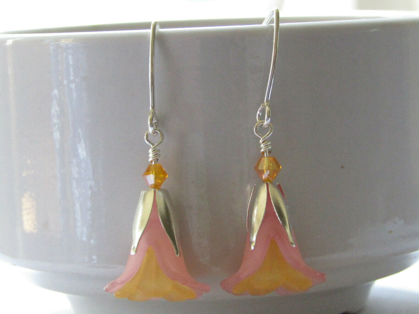 Flower Earrings Pink Orange Tulip Cala Lily Silver Dangle Earrings Usa Handmade - Bad Apple Designs Jewelry