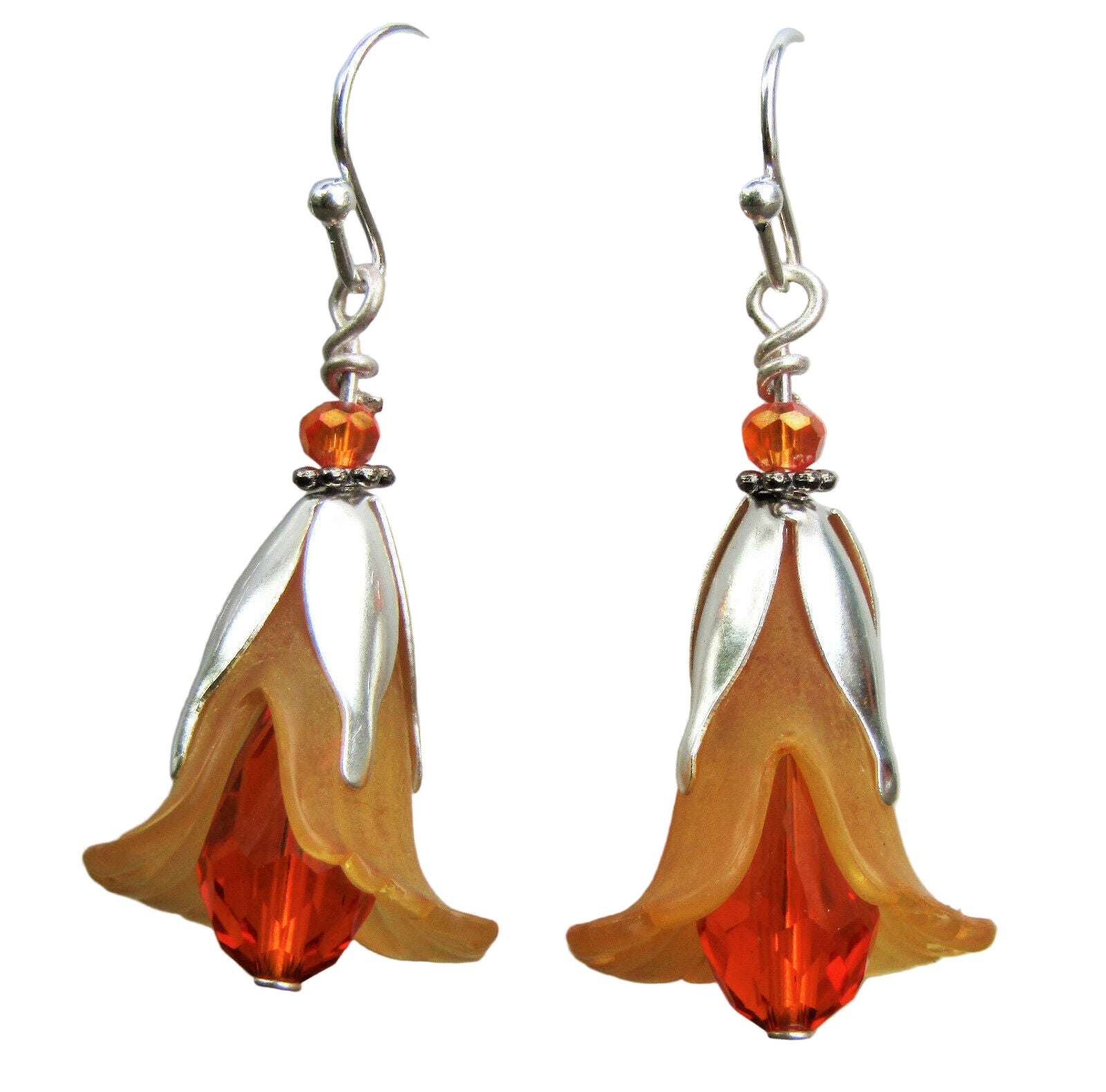 Flower Earrings Orange Tulip Cala Lily Silver Dangle Earrings Sparkling Crystal - Bad Apple Designs Jewelry