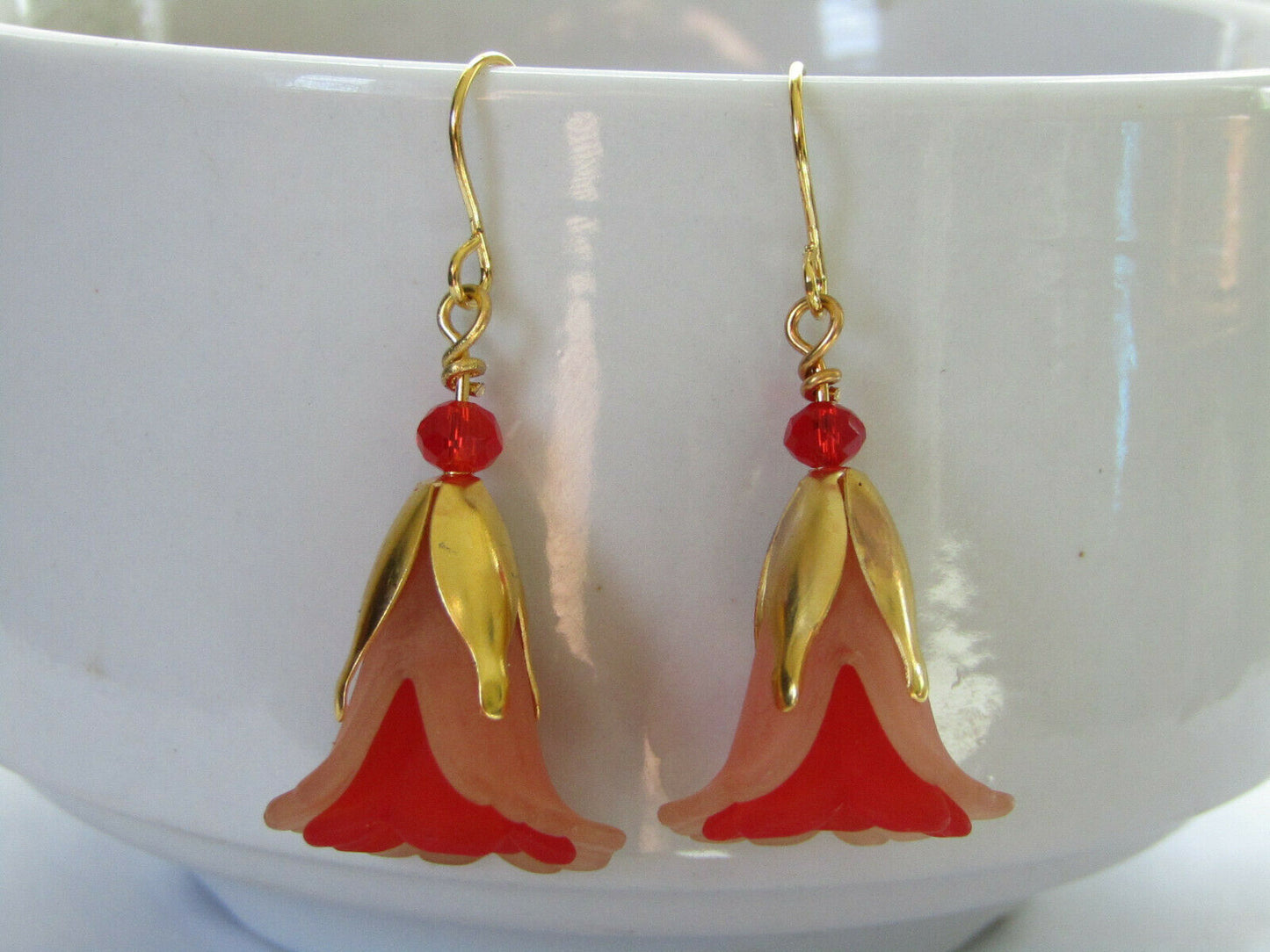 Flower Earrings Beige/Red Tulip Gold Dangle Earrings Usa Handmade Floral - Bad Apple Designs Jewelry