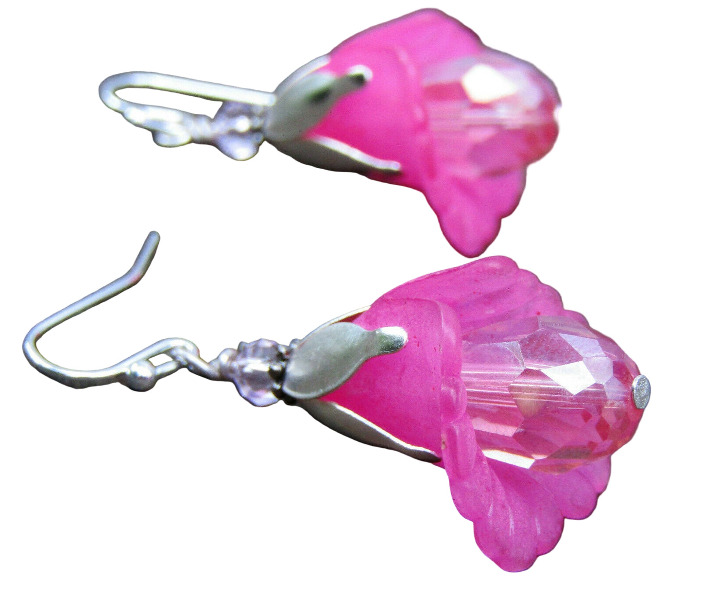 Flower Earrings Pink Tulip Cala Lily Silver Dangle Earrings Sparkling Crystal - Bad Apple Designs Jewelry