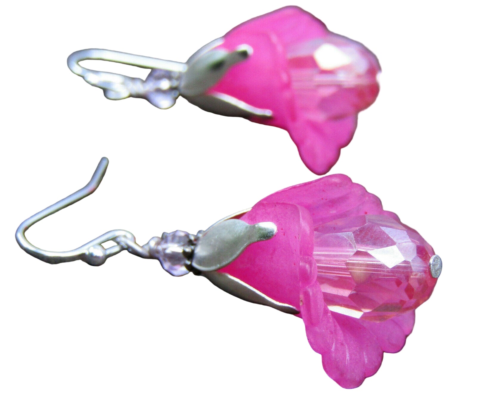Flower Earrings Pink Tulip Cala Lily Silver Dangle Earrings Sparkling Crystal - Bad Apple Designs Jewelry