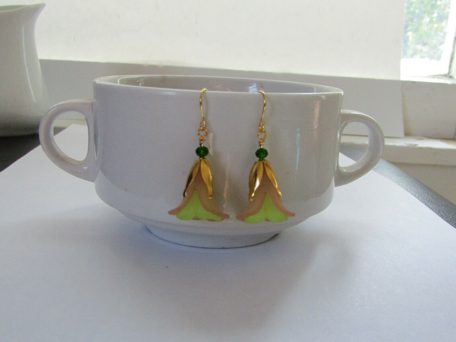 Flower Earrings Beige/Green Tulip Cala Lily Gold Dangle Earrings Usa Handmade - Bad Apple Designs Jewelry
