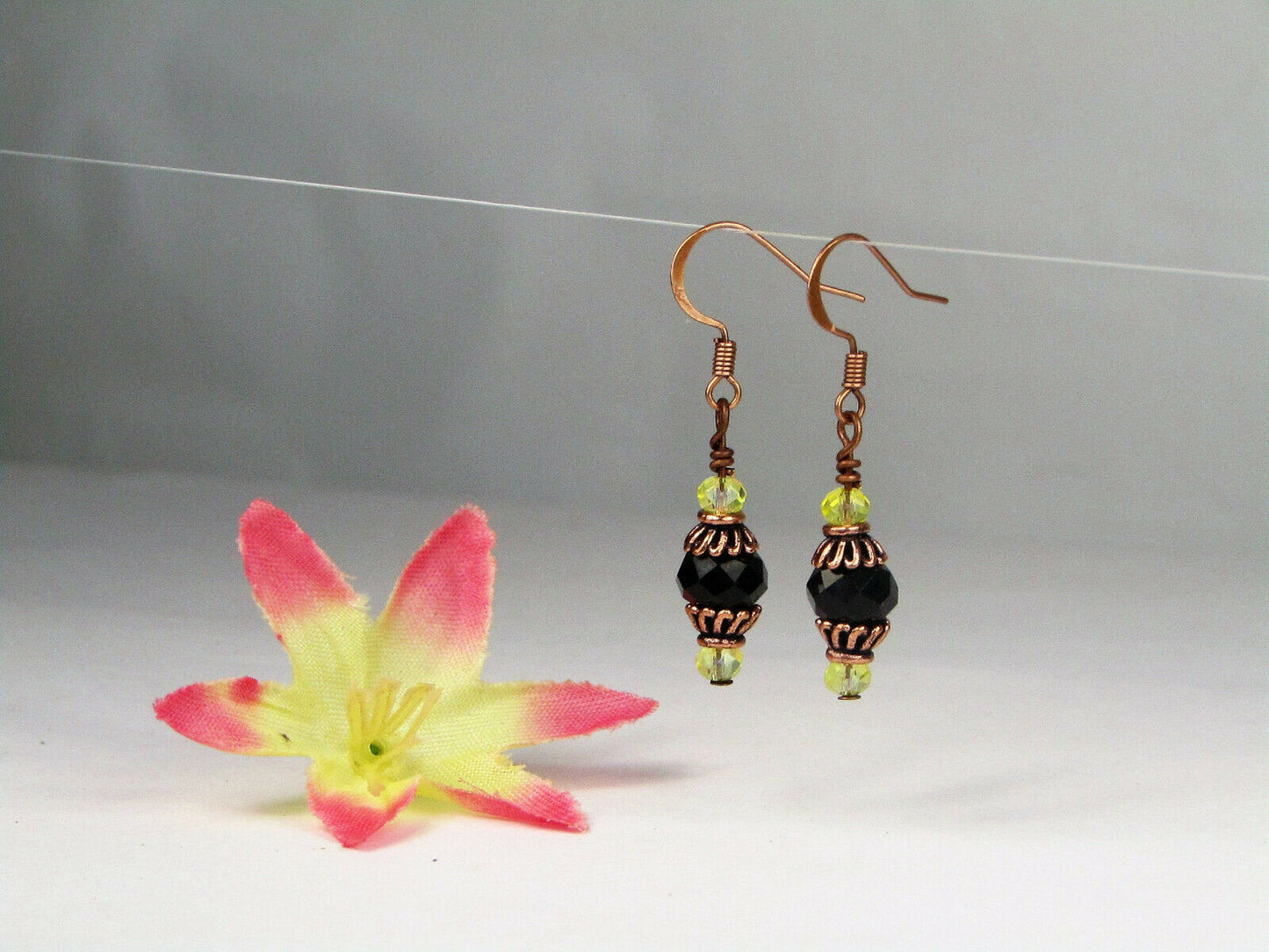 Faceted Black Yellow Crystal Antique Copper Capped Dangle Earrings USA HANDMADE - Bad Apple Designs Jewelry
