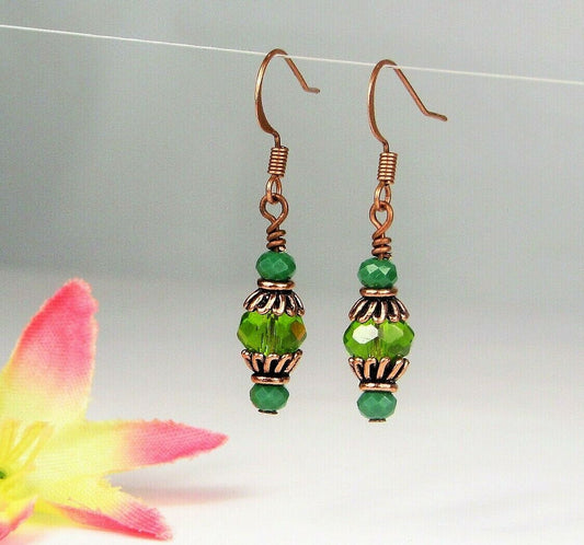 Faceted Light Green Crystal Antique Copper Capped Dangle Earrings, Artisan Made - Bad Apple Designs Jewelry