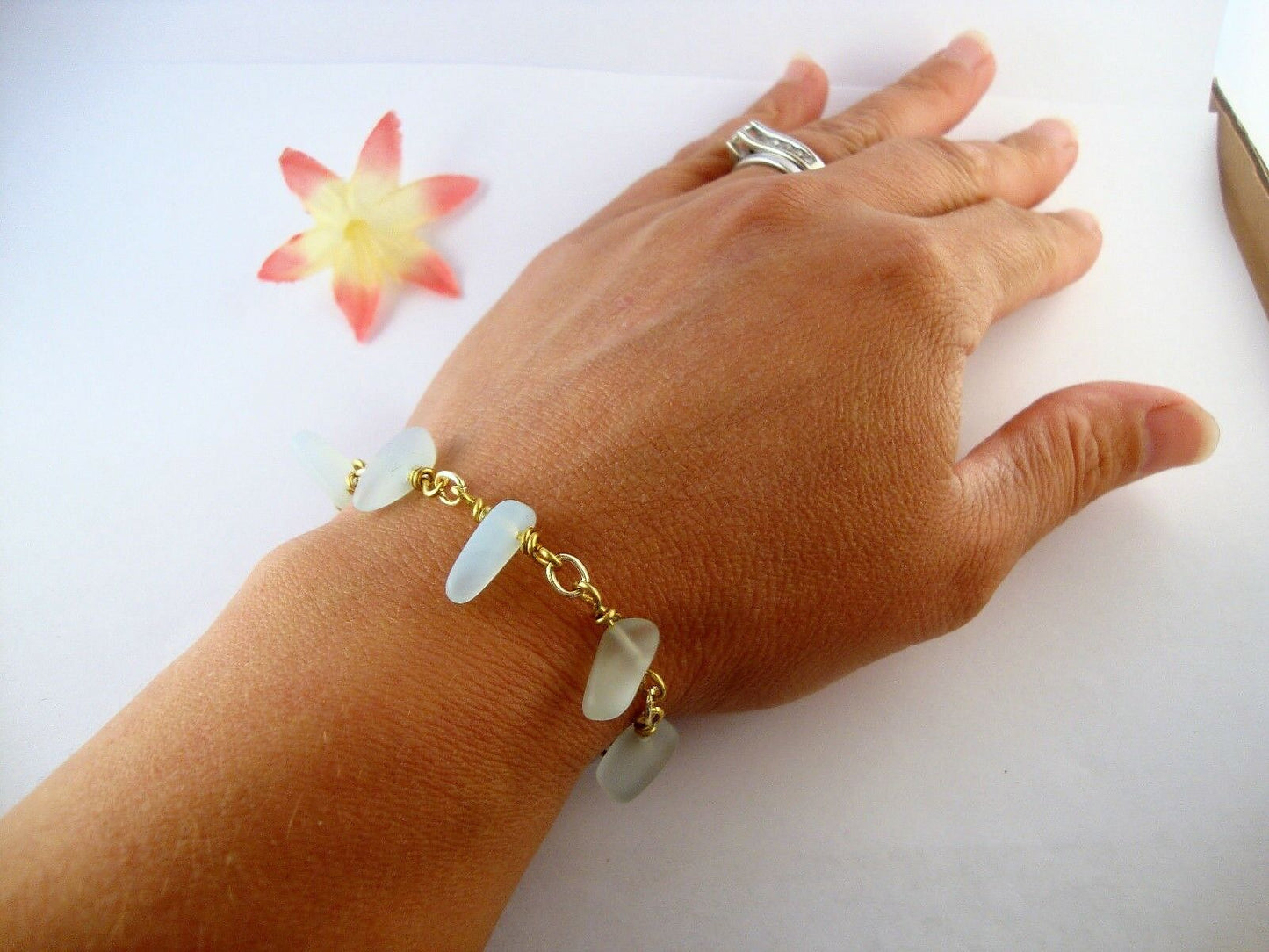 Blue Sea Glass Chain Link Bracelet 
