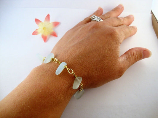 Blue Sea Glass Chain Link Bracelet 