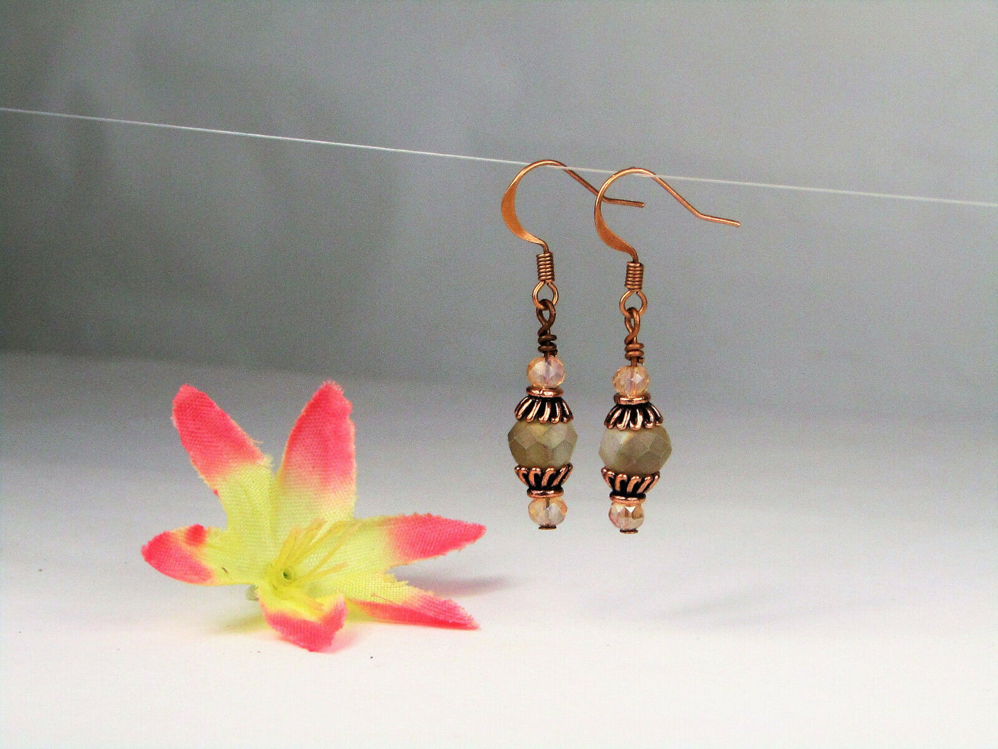 Faceted Champagne Crystal Antique Copper Capped Dangle Earrings USA HANDMADE - Bad Apple Designs Jewelry