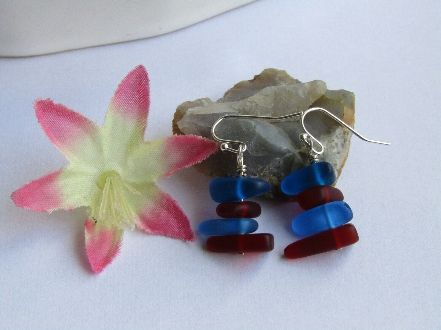 Blue & Red Sea Glass Earrings