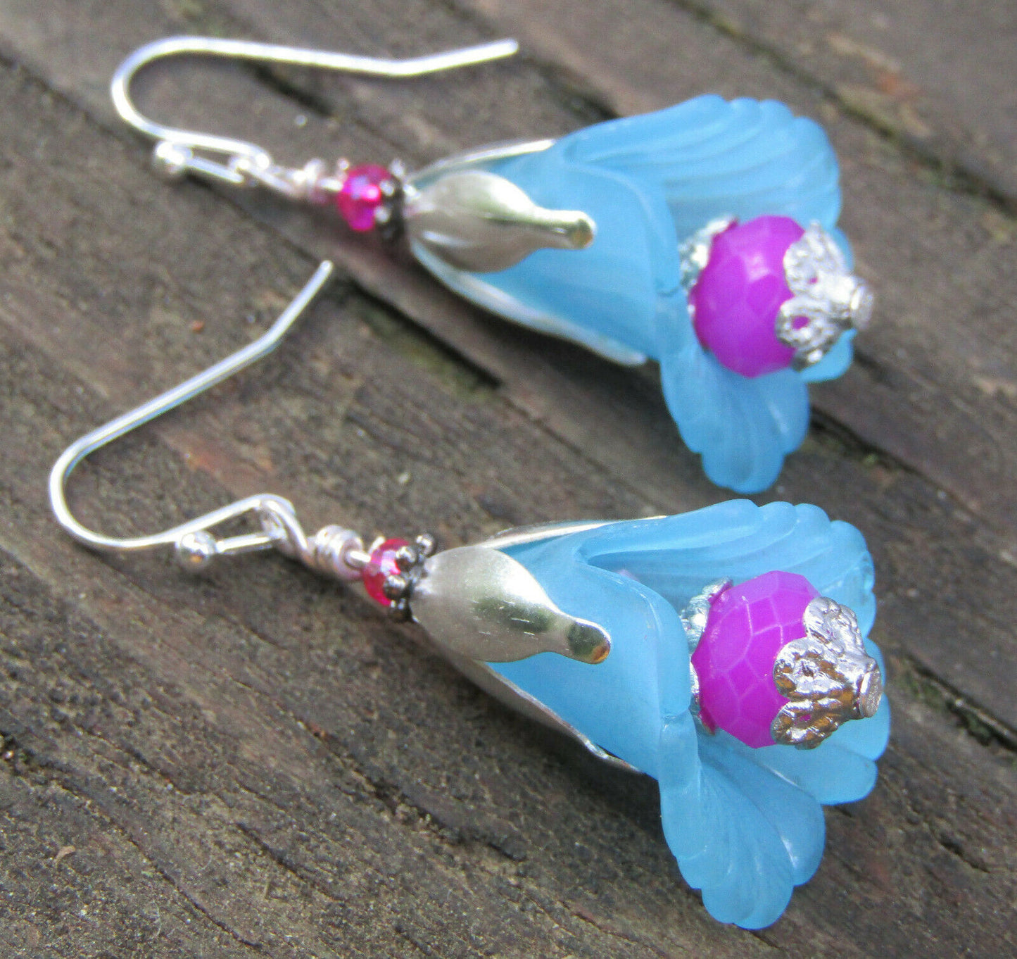 Flower Earrings Blue Purple Dangle Lucite Trumpet Lily Silver Plated - Bad Apple Designs Jewelry