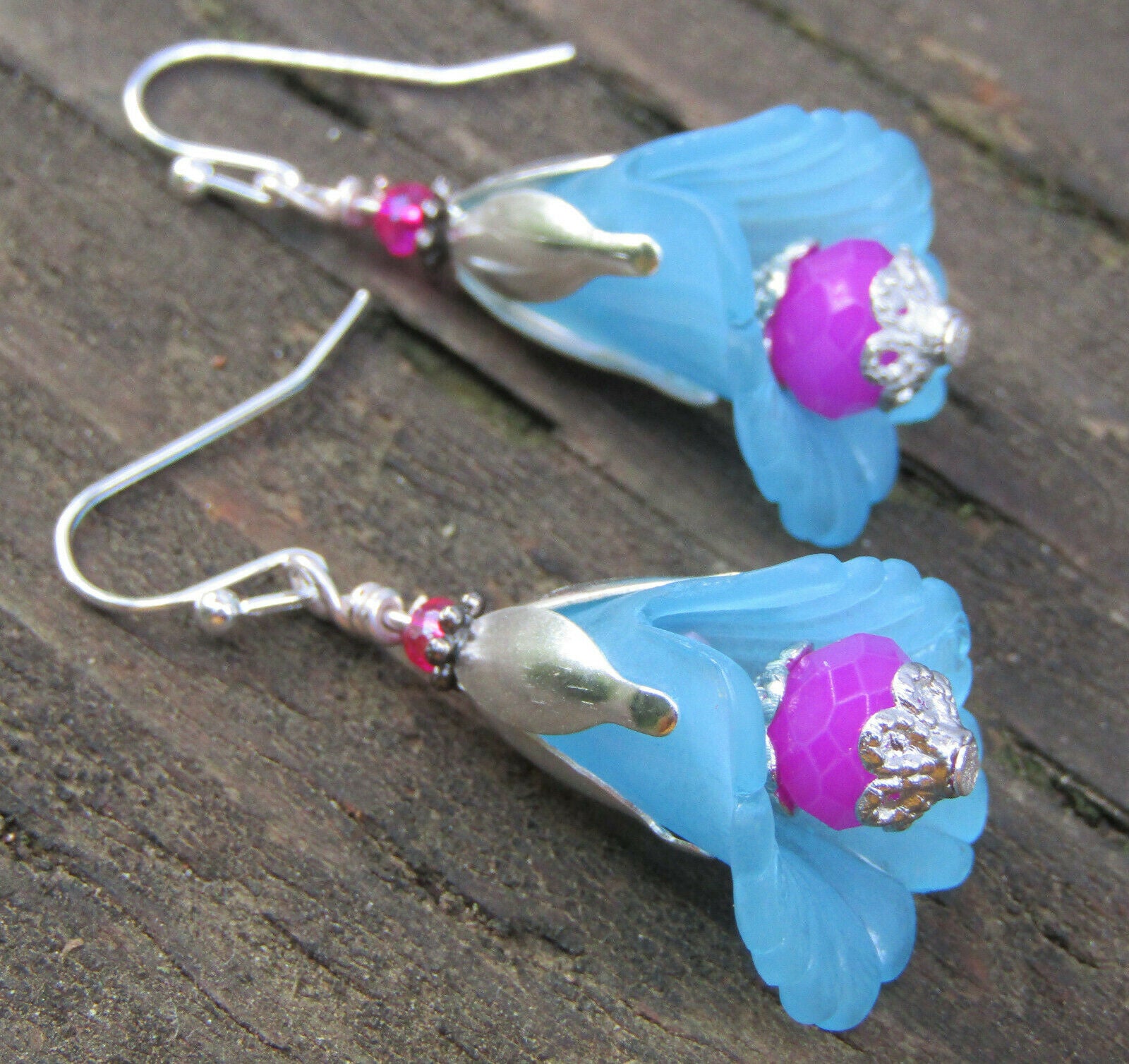 Flower Earrings Blue Purple Dangle Lucite Trumpet Lily Silver Plated - Bad Apple Designs Jewelry