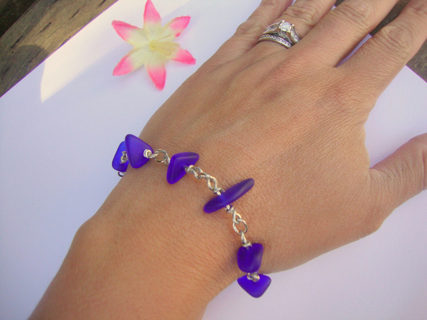 Cobalt Blue Sea Glass Silver Chain Link Bracelet Beach Glass Tumbled - Bad Apple Designs Jewelry