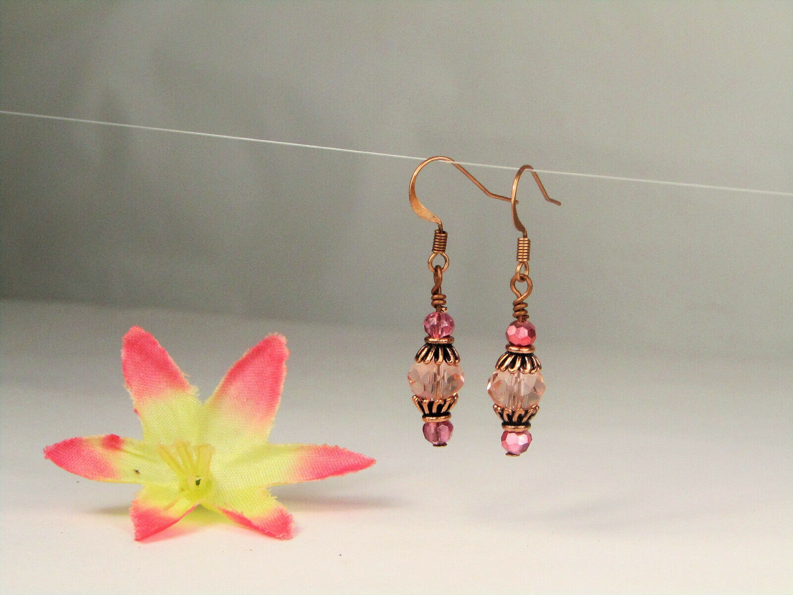 Faceted Pink Crystal Antique Copper Capped Dangle Earrings, Artisan Made OOAK - Bad Apple Designs Jewelry