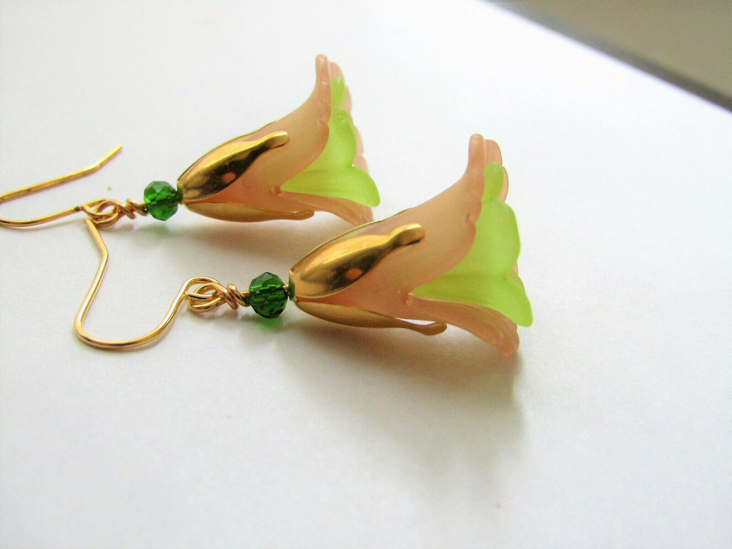 Flower Earrings Beige/Green Tulip Cala Lily Gold Dangle Earrings Usa Handmade - Bad Apple Designs Jewelry