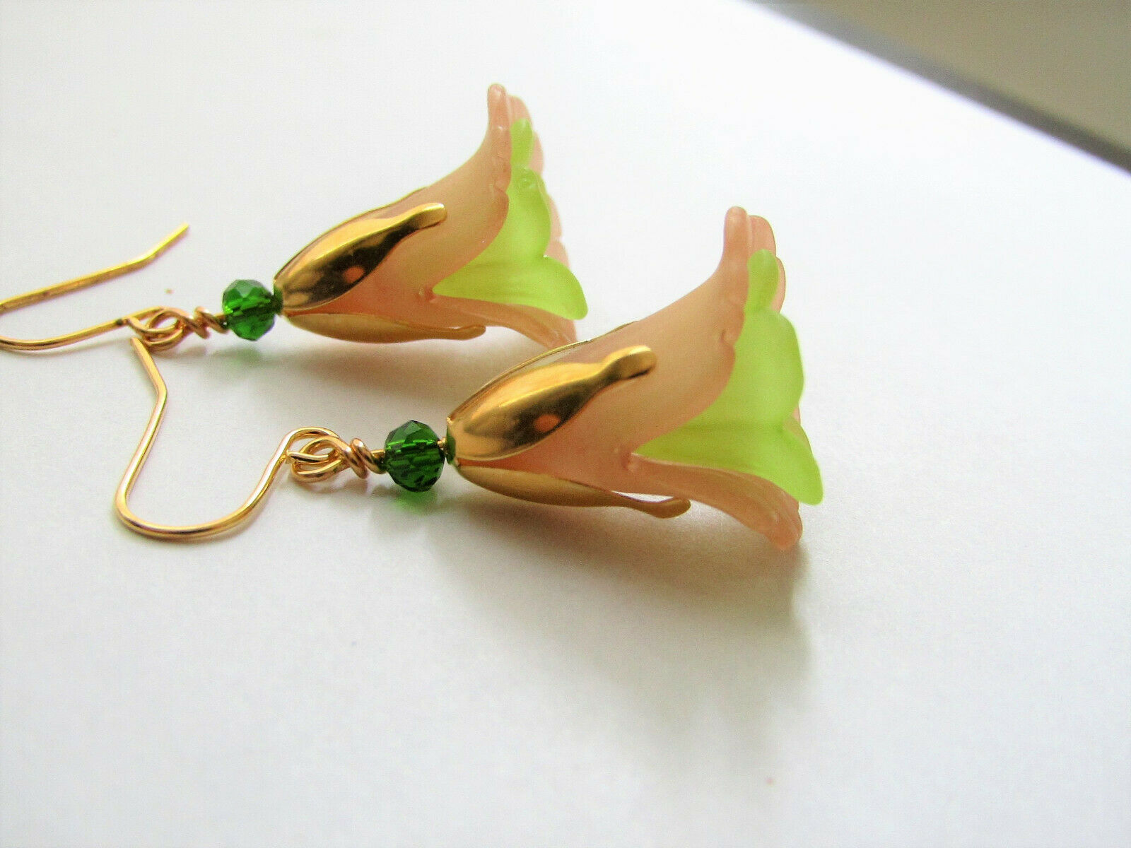 Flower Earrings Beige/Green Tulip Cala Lily Gold Dangle Earrings Usa Handmade - Bad Apple Designs Jewelry