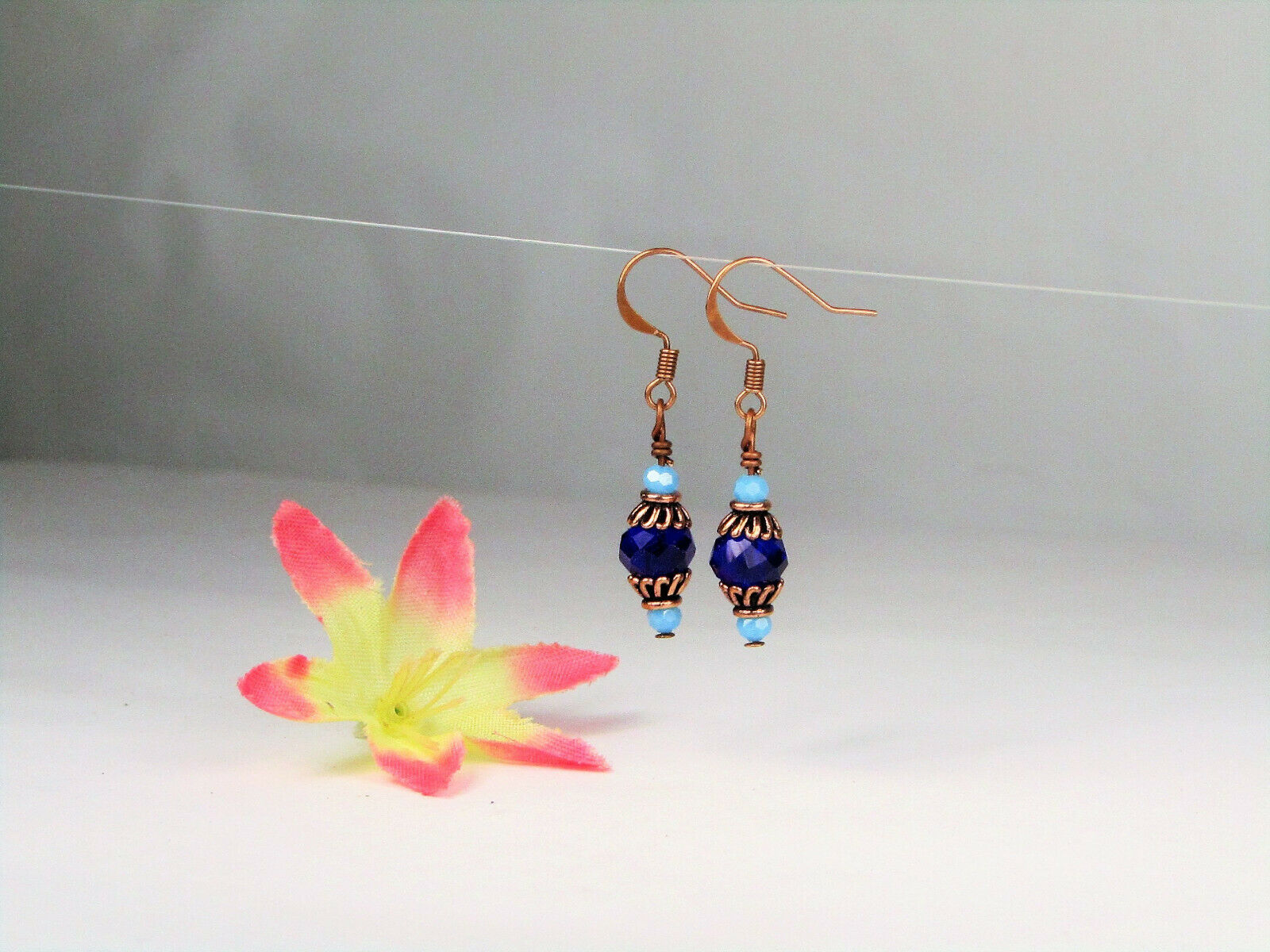 Faceted Blue Crystal Antique Copper Dangle Earrings USA HANDMADE - Bad Apple Designs Jewelry