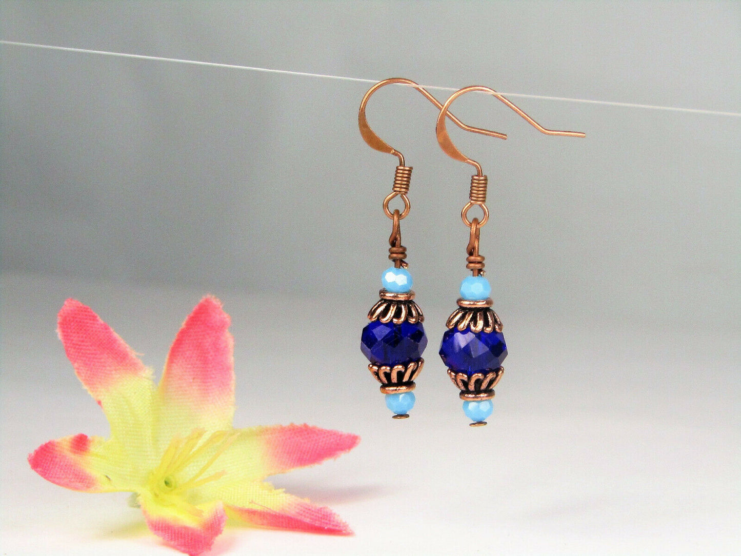 Faceted Blue Crystal Antique Copper Dangle Earrings USA HANDMADE - Bad Apple Designs Jewelry