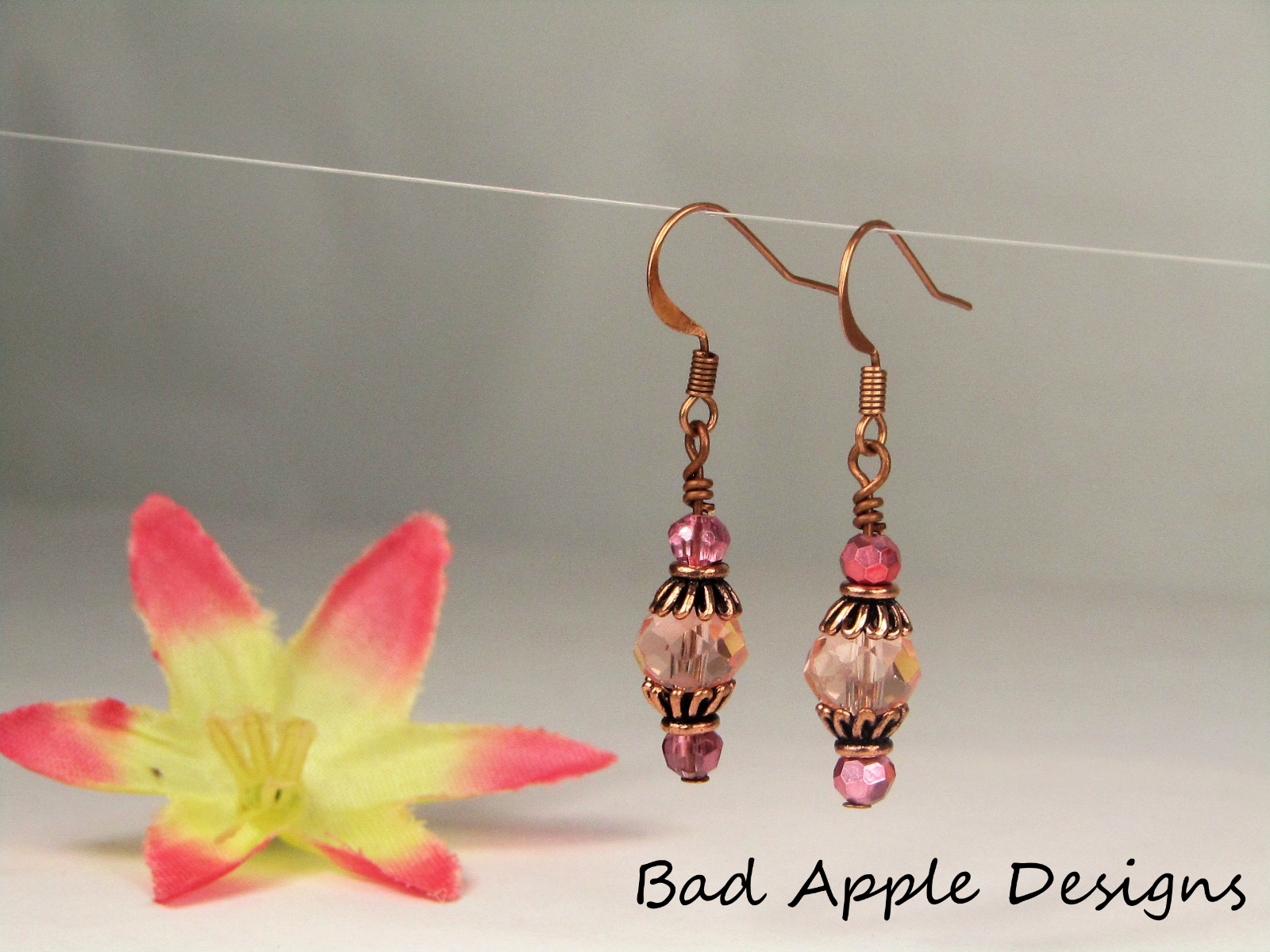 Faceted Pink Crystal Antique Copper Capped Dangle Earrings, Artisan Made OOAK - Bad Apple Designs Jewelry
