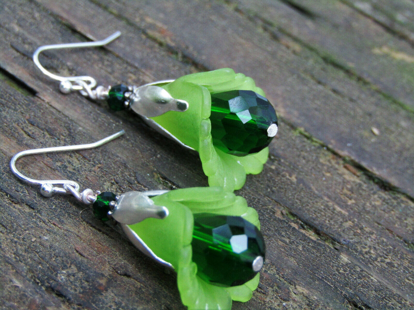 Flower Earrings Green Tulip Cala Lily Silver Dangle Earrings Sparkling Crystal - Bad Apple Designs Jewelry