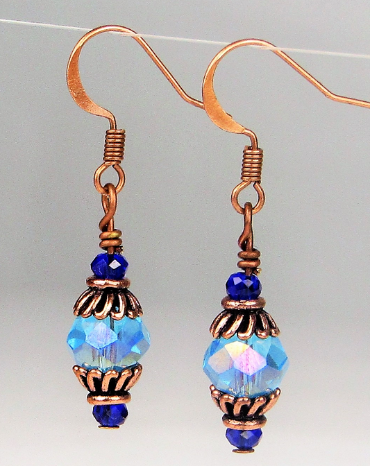 Faceted Light Blue Crystal Antique Copper Dangle Earrings, Artisan Made OOAK - Bad Apple Designs Jewelry
