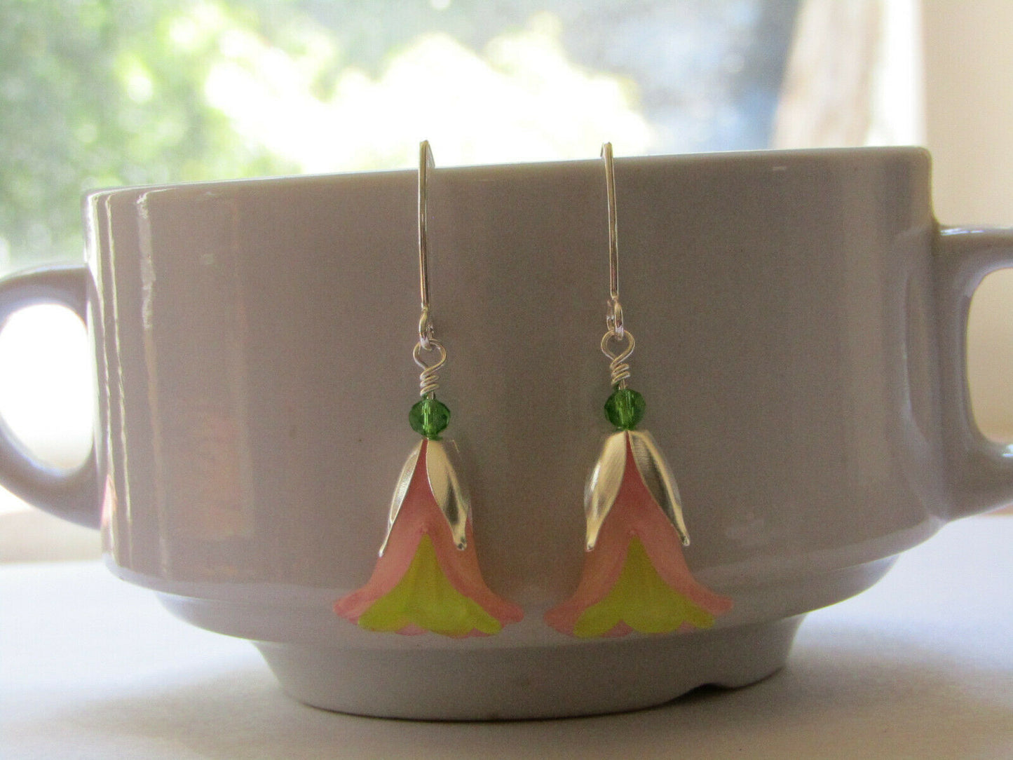 Flower Earrings Pink Green Tulip Cala Lily Silver Dangle Earrings Usa Handmade - Bad Apple Designs Jewelry
