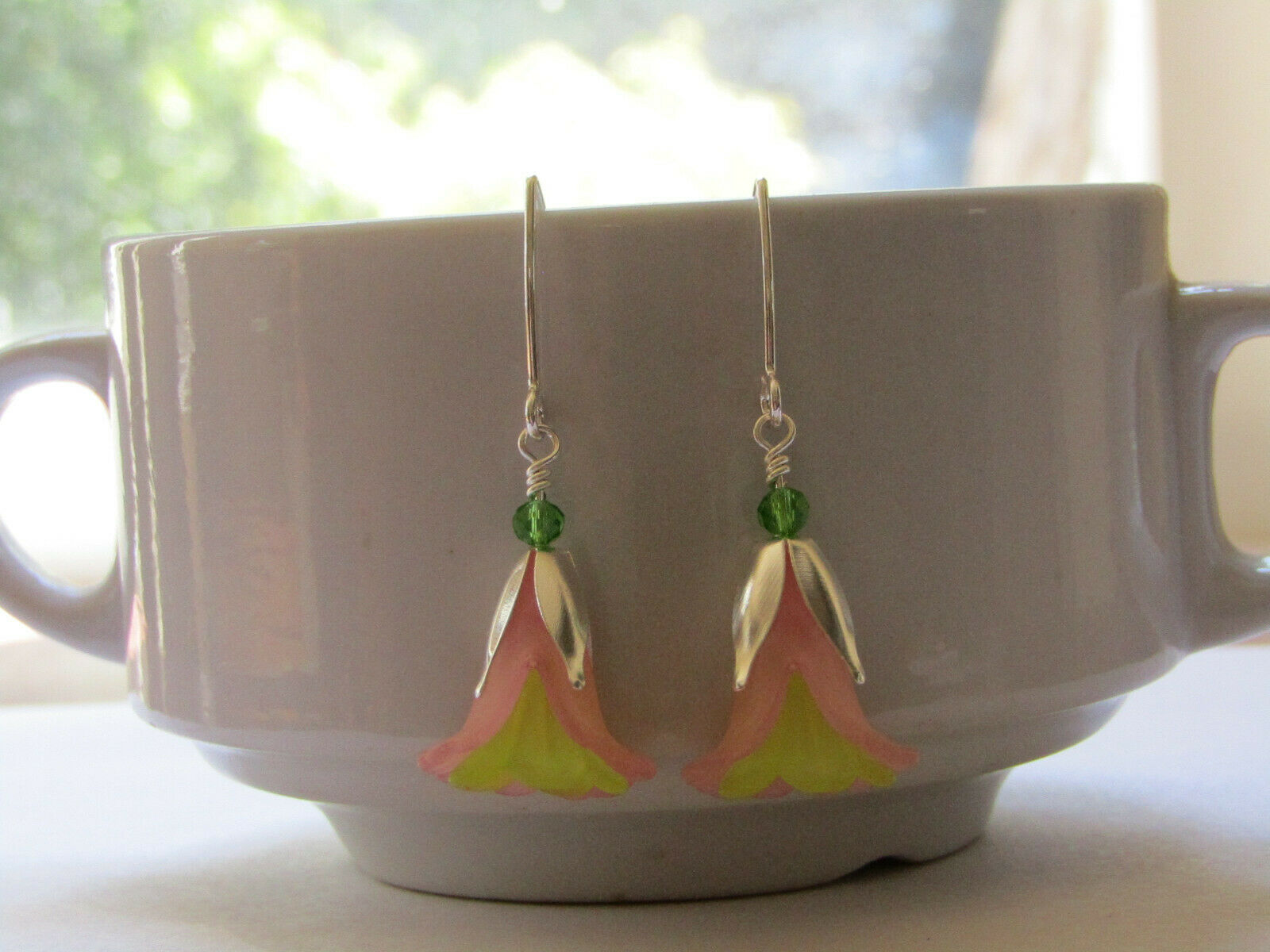 Flower Earrings Pink Green Tulip Cala Lily Silver Dangle Earrings Usa Handmade - Bad Apple Designs Jewelry