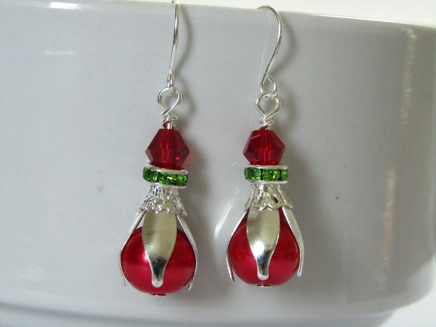 Red Glass Pearl Green Crystal Christmas Holiday Earrings Silver - Bad Apple Designs Jewelry