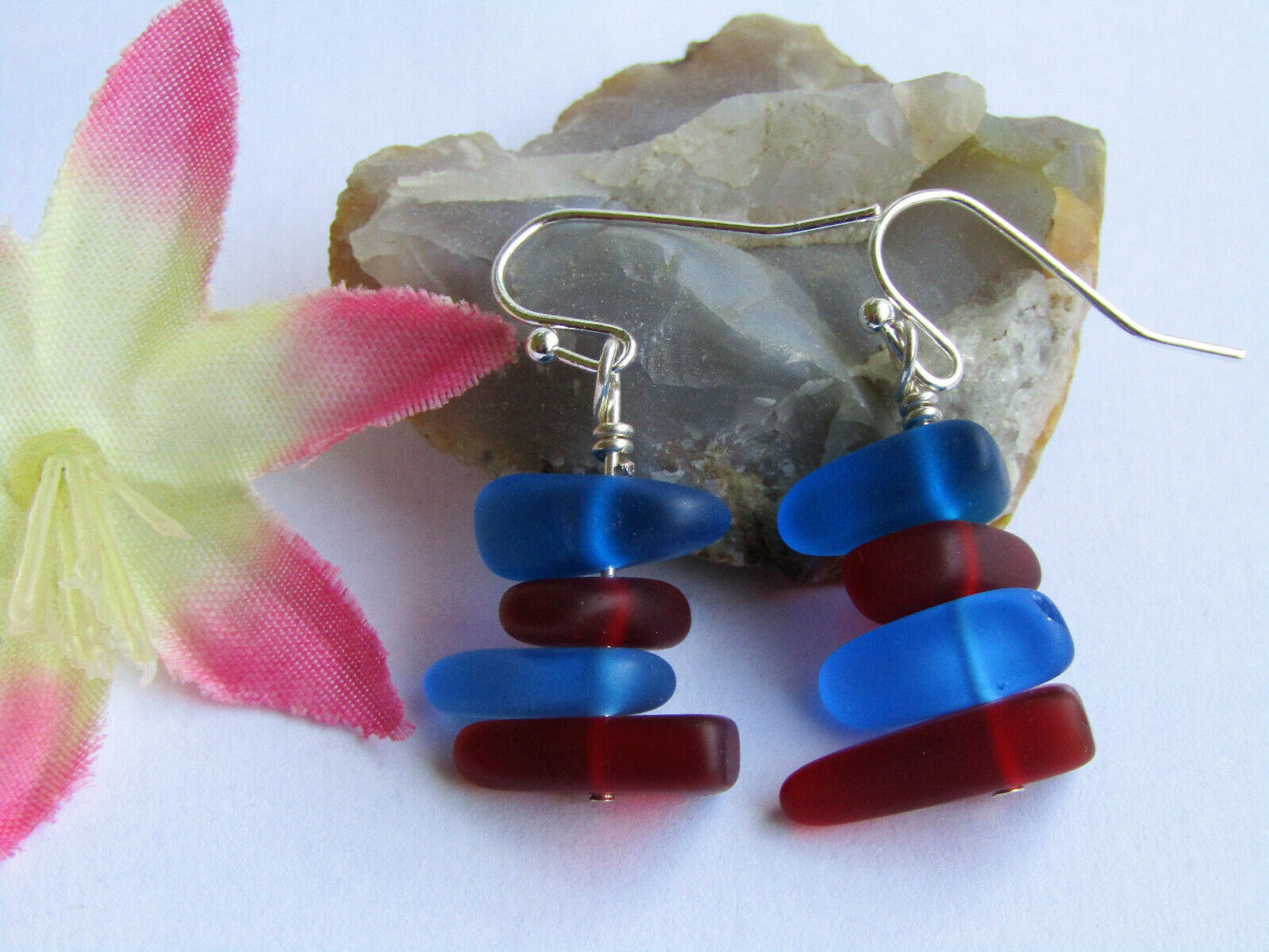 Blue & Red Sea Glass Earrings