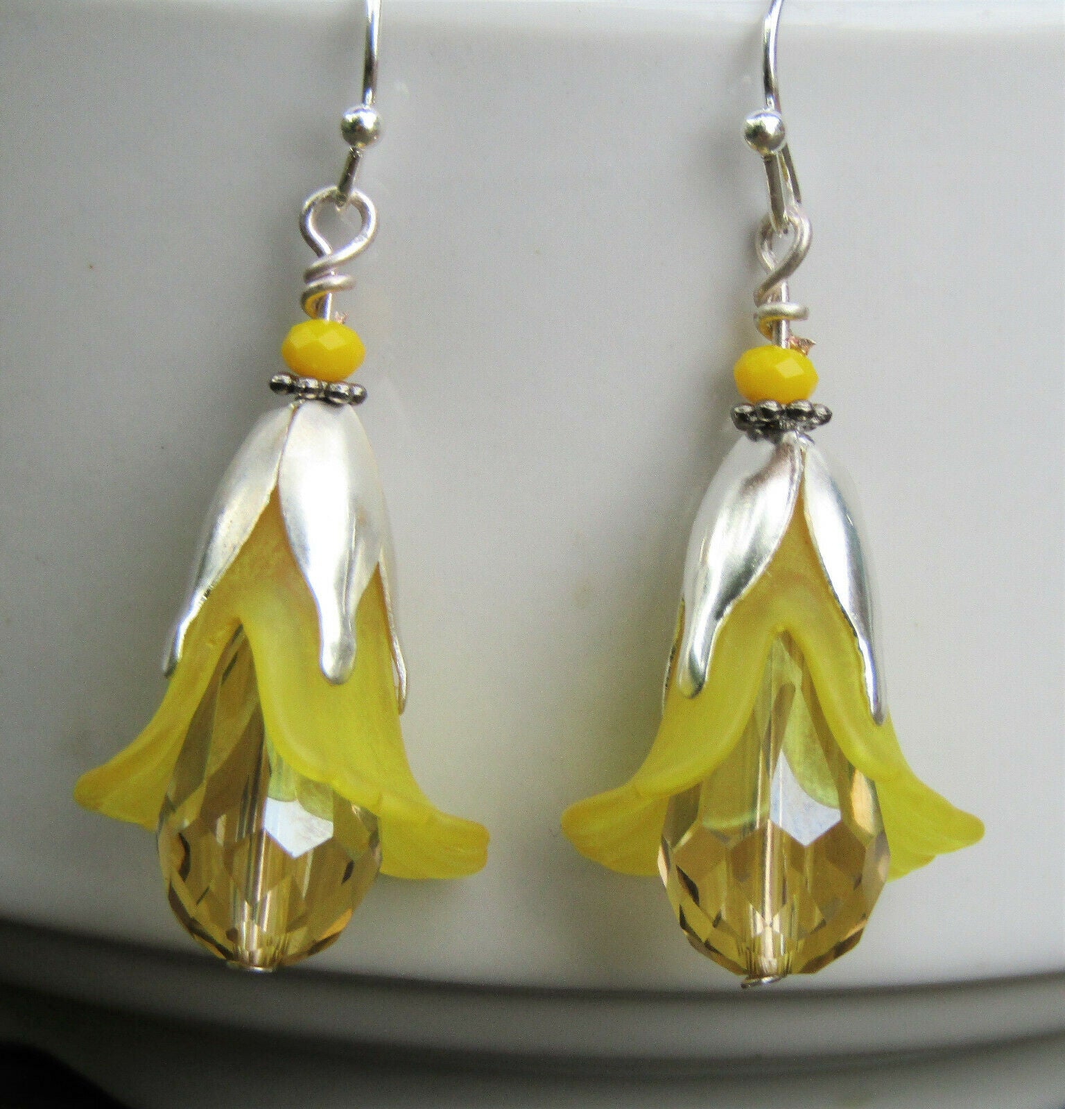 Flower Earrings Yellow Tulip Cala Lily Silver Dangle Earrings Sparkling Crystal - Bad Apple Designs Jewelry