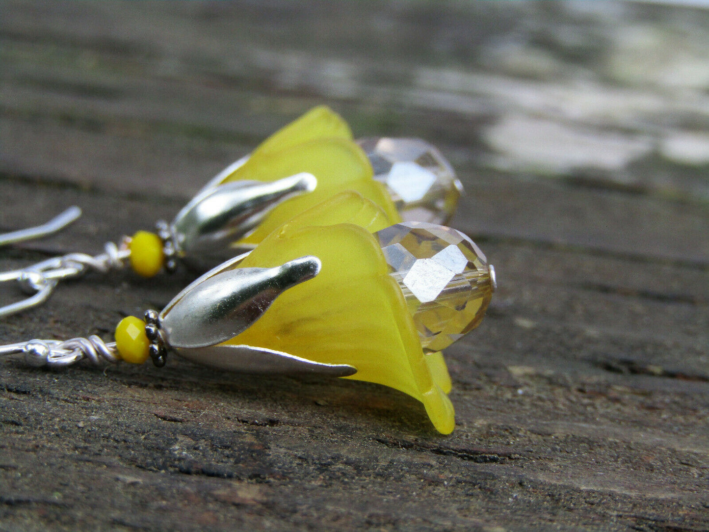 Flower Earrings Yellow Tulip Cala Lily Silver Dangle Earrings Sparkling Crystal - Bad Apple Designs Jewelry