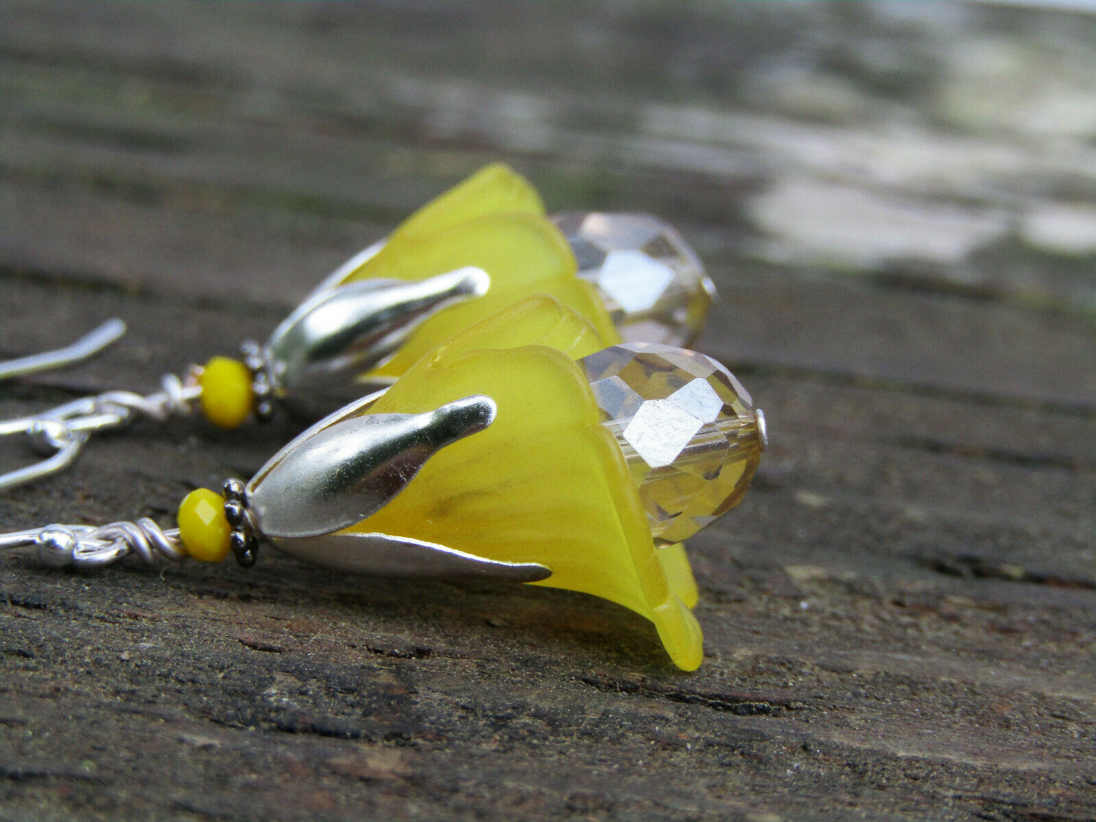 Flower Earrings Yellow Tulip Cala Lily Silver Dangle Earrings Sparkling Crystal - Bad Apple Designs Jewelry
