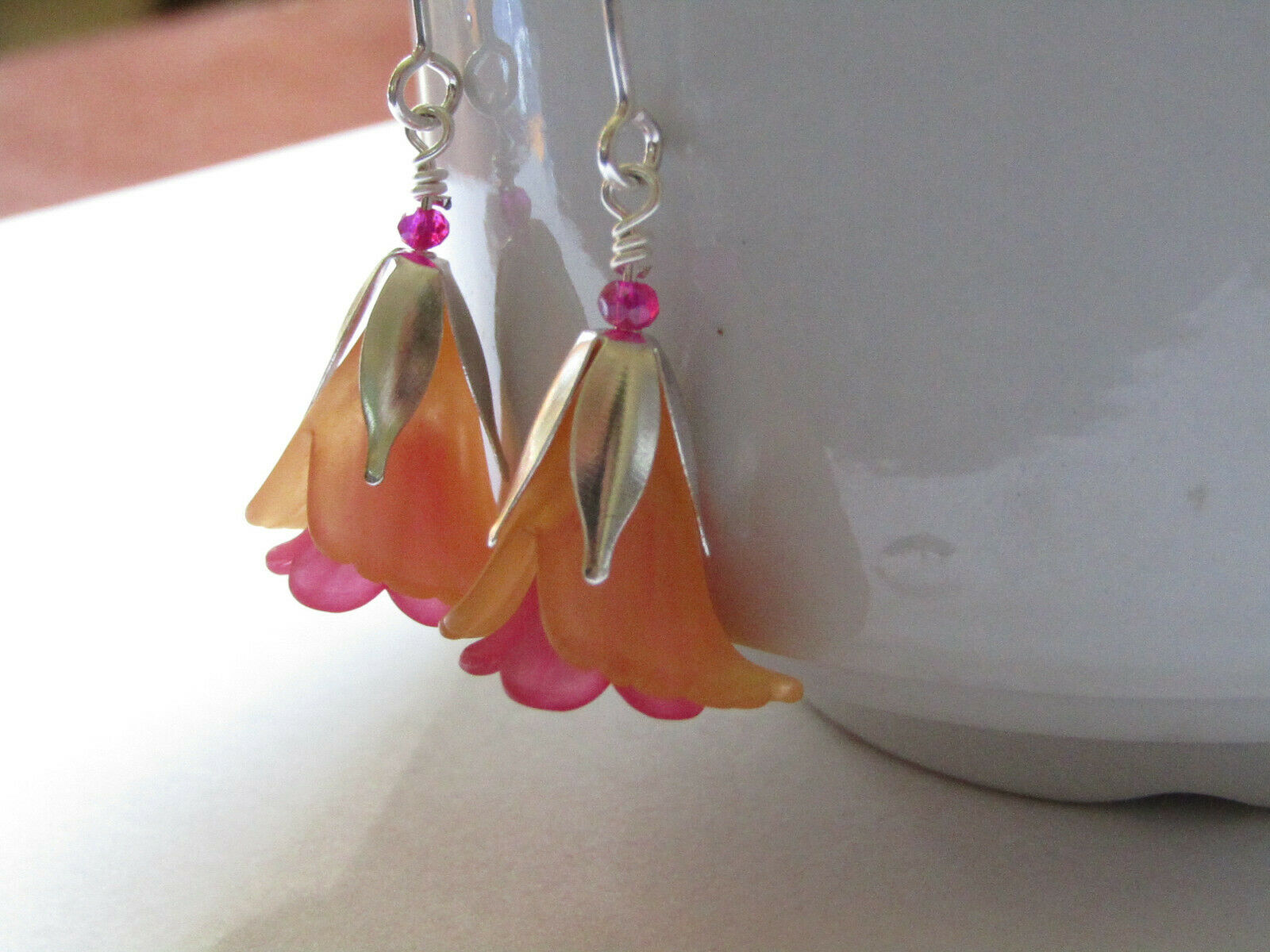 Flower Earrings Orange Pink Tulip Cala Lily Silver Dangle Earrings Usa Handmade2 - Bad Apple Designs Jewelry